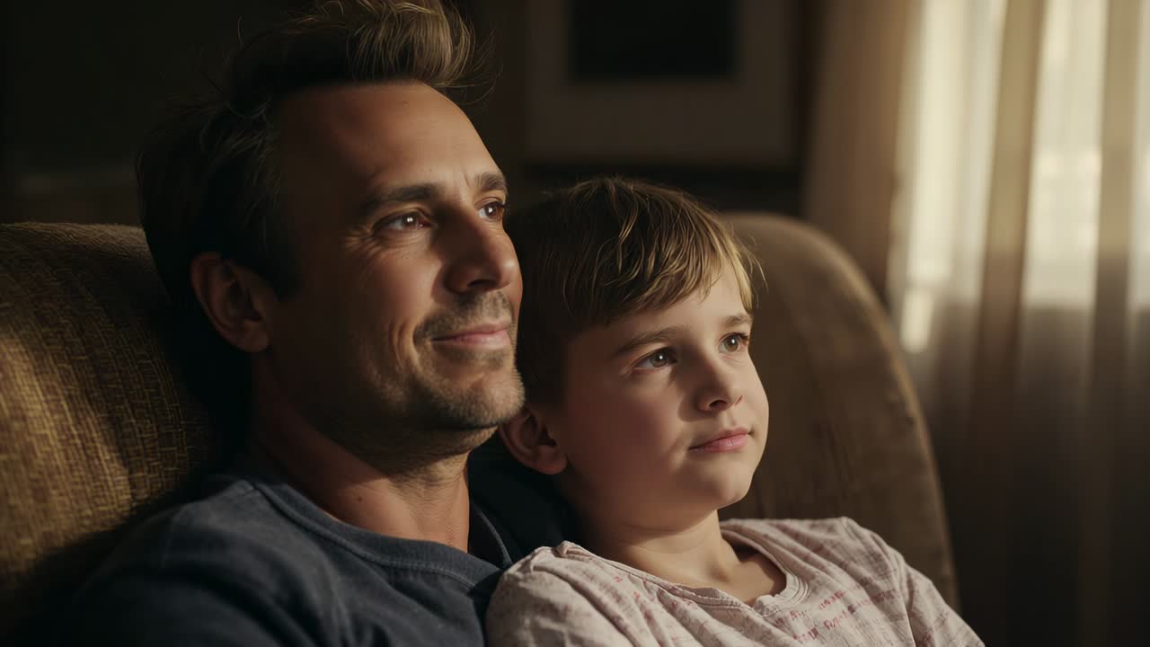 Gazing father and son wearing navy, patterned tees, watching from sofa drawn by warm window light
