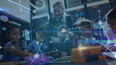 animation of network of connections over teacher and school children
