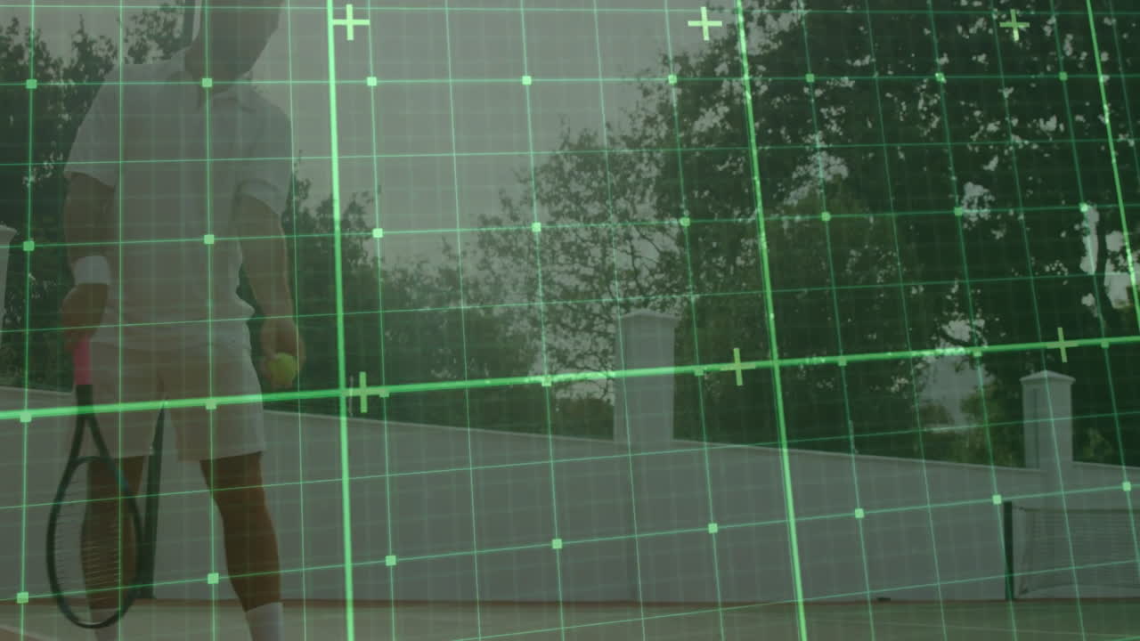 man swinging tennis racket outdoors behind fence, showing augmented reality grid markers