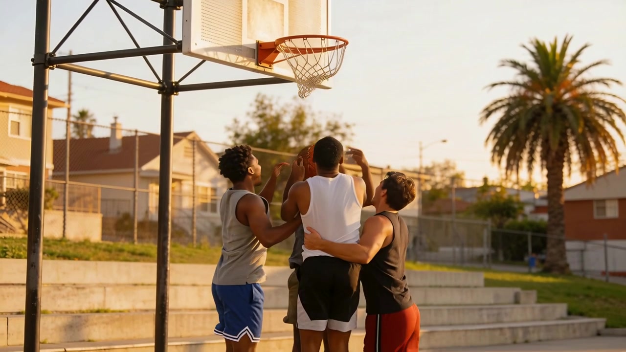 Quattro giocatori saltano, contrastando un tiro in arrivo sul campo, assicurandosi il pallone da basket e raggruppandosi nelle maglie.