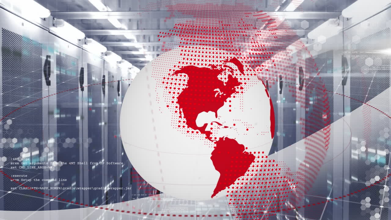 Animation of data processing and globe over server room