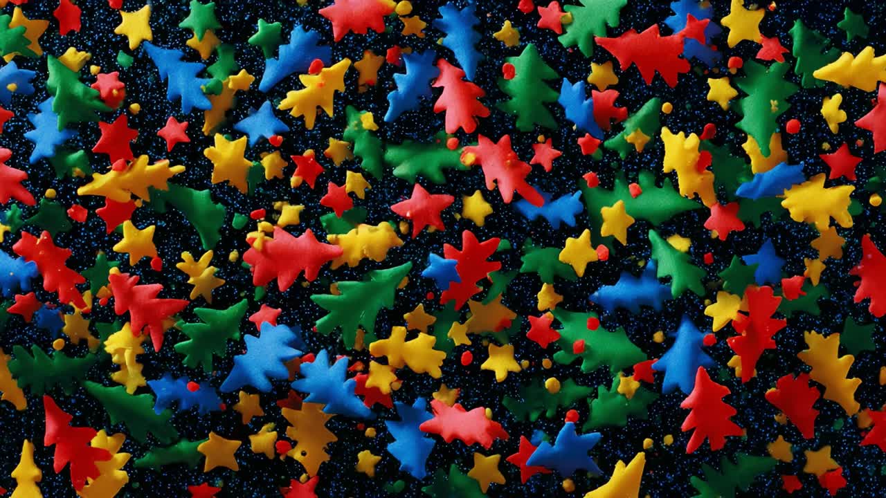 A Vibrant Spread of Colorful Plastic Shapes: A Festive Collection of Red Stars, Green Trees, and Yellow Decorations on a Dark Background, Ideal for Holiday Themes and Creative Crafts