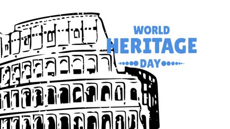 animation of world heritage day text over colosseum on white background