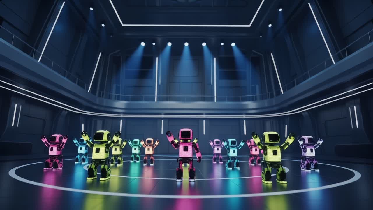 Dazzling Robots Gather in a High-Tech Arena: A Stunning Display of Colorful Robotics in a Futuristic Environment with Energetic Movement and Vibrant Lights