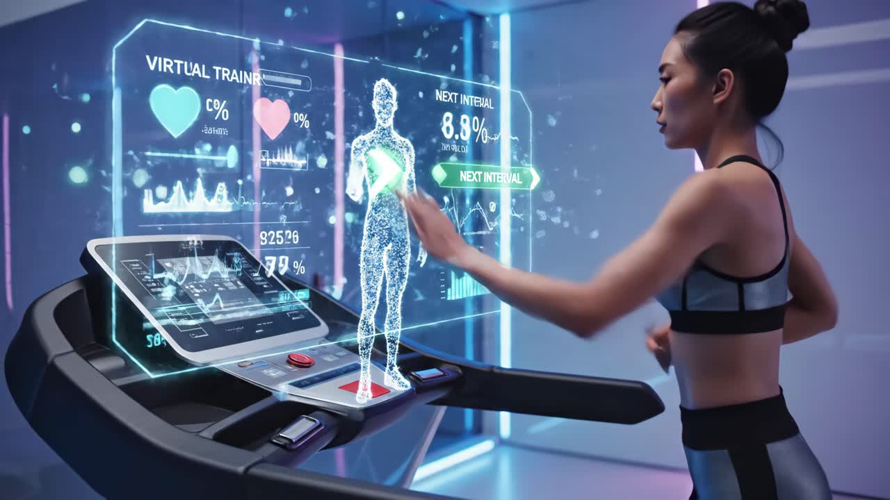 Woman Exercising with Virtual Trainer on Treadmill