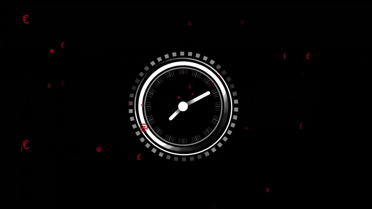 animación del procesamiento de datos y el tic-tac del reloj sobre fondo oscuro
