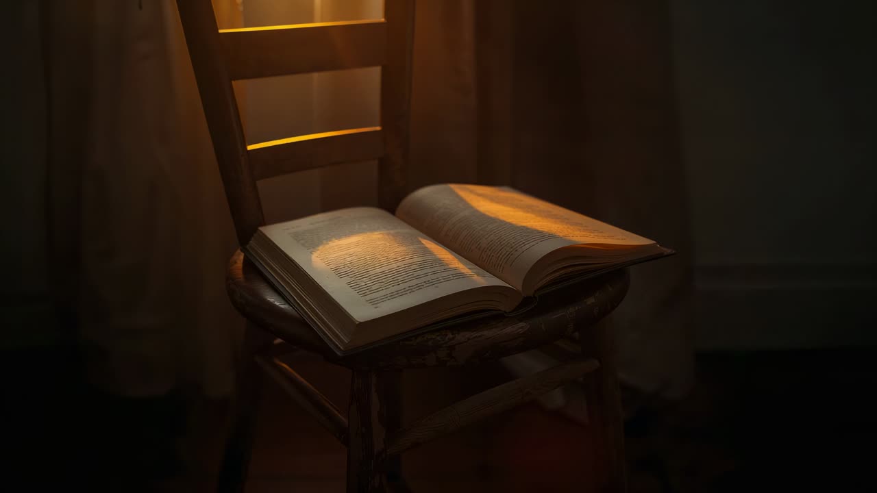 Fascio di luce che attraversa lo spiraglio della tenda illuminando un libro aperto su una sedia di legno, mettendo in risalto il testo stampato
