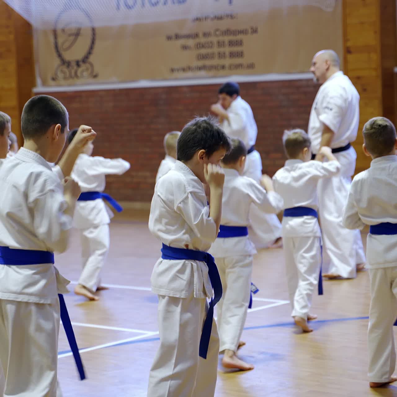Young boys wearing white kimonos and blue belts practicing punches. Karate trainees repeat after the coaches
