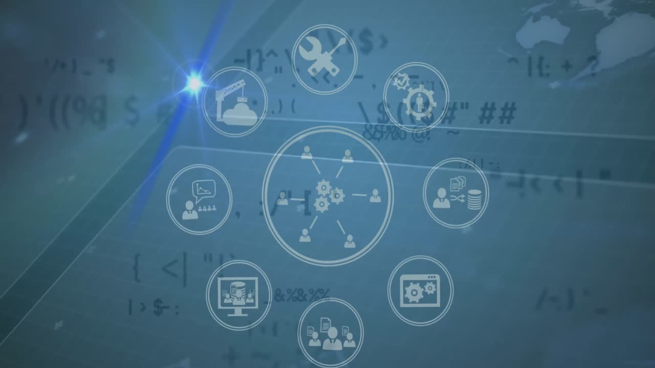 파란색 배경에 아이콘과 데이터 처리를 가진 연결 네트워크의 애니메이션