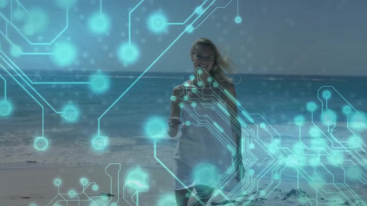Woman walking beach starting turquoise circuit overlay brushing hair spinning showcasing technology