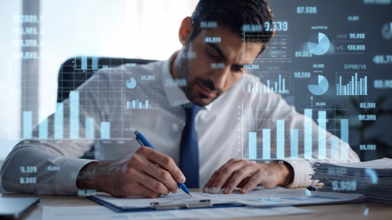 Focused Professional Analyzing Data and Creating Reports in a Modern Office Environment with Graphs and Charts Presenting Insights into Business Performance