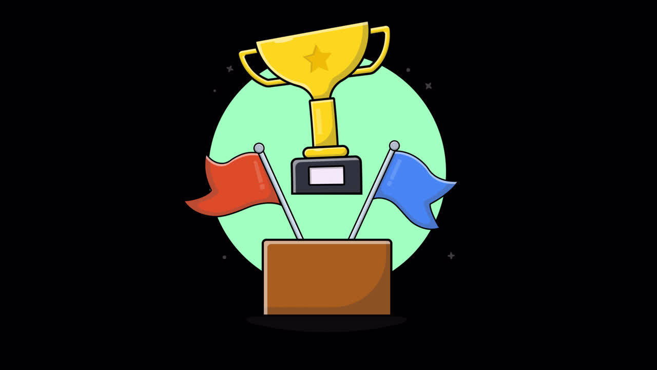 Animated Golden Trophy and Flags on a Winner's Pedestal
