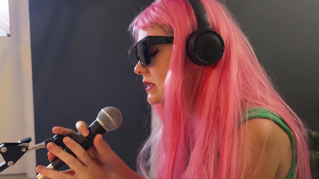 캐스트 스튜디오 에서 마이크 로 노래 하는 여자