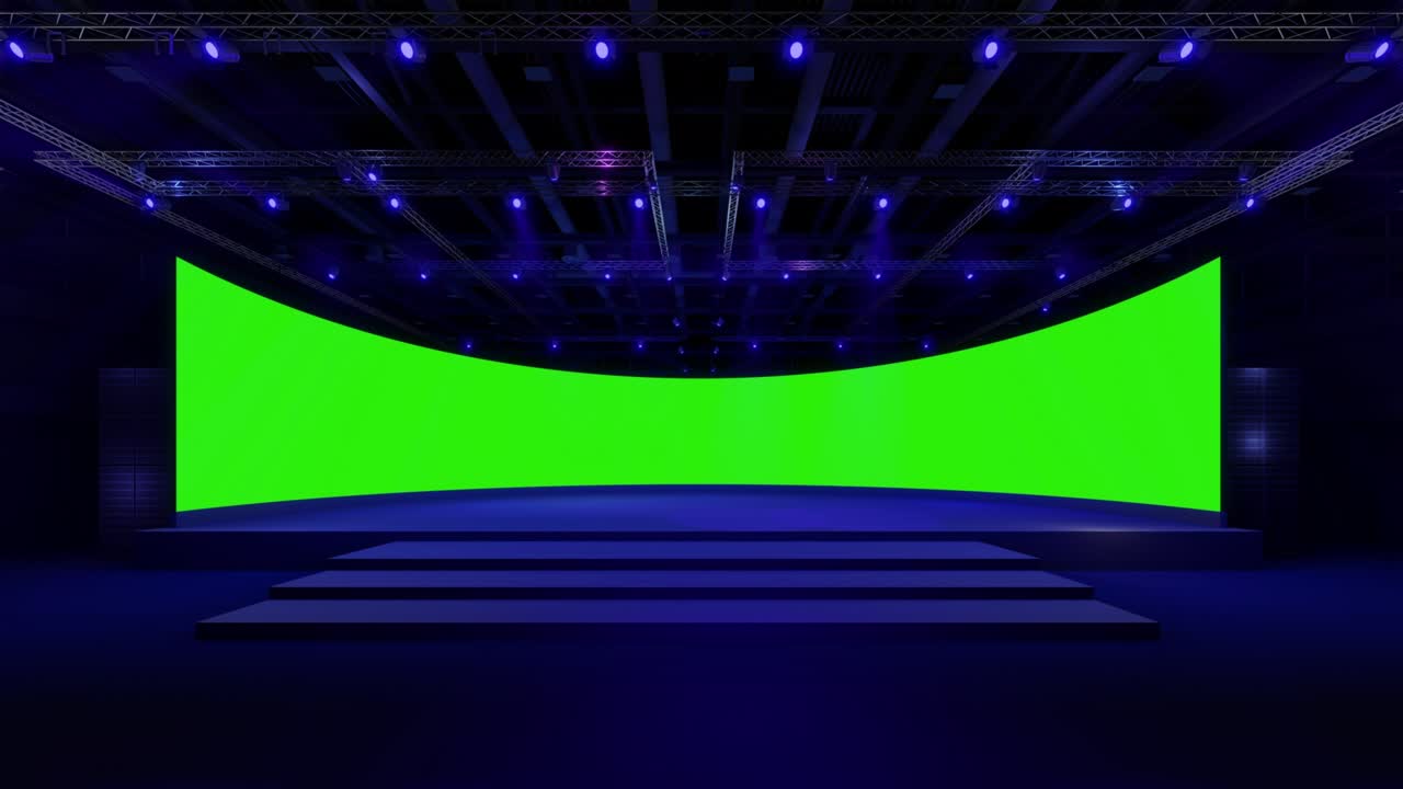 motion empty stage design per mockup e identità aziendale,display.stage green screen in hall.blank screen per risorse grafiche.scene event led night light staging.animation loop 4k.3d render.