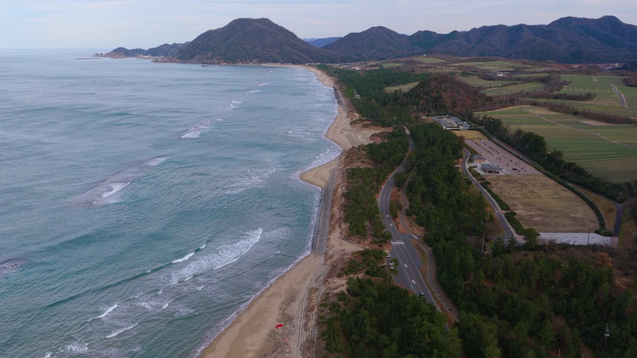 Tottori Sanin Coastline, Aerial View on Windy Stormy Day, Japan