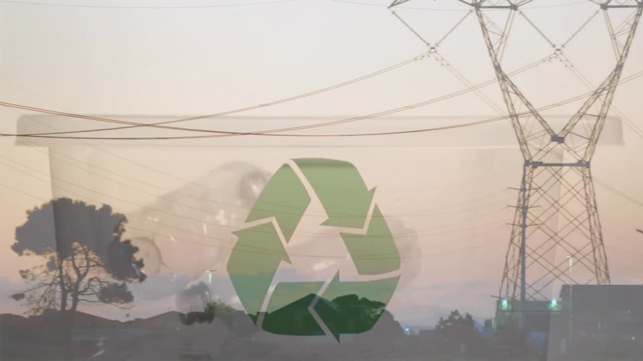 animación de un cartel de reciclaje verde sobre una caja con botellas de plástico y pilones eléctricos