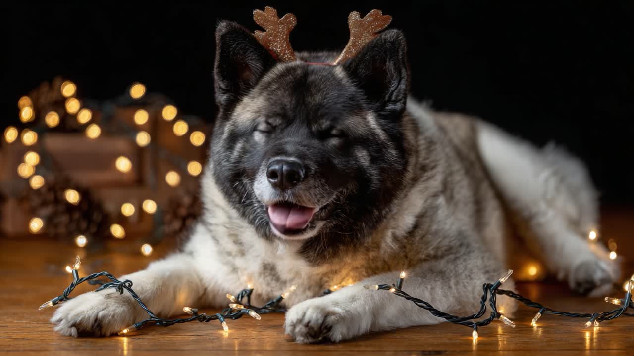 A Playful Akita Dog with Antlers Surrounded by Twinkling Holiday Lights, Exuding Joy and Playfulness in a Cozy, Festive Atmosphere