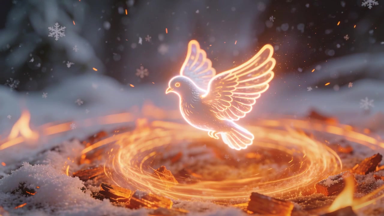 Flapping glowing neon dove rising and rotating in snowy clearing, reacting to growing flame vortex