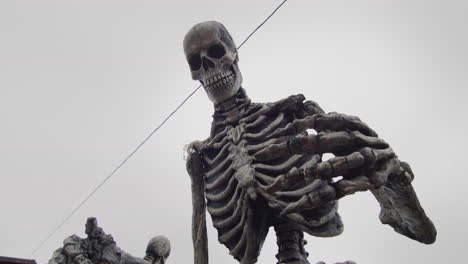 Skeleton-in-a-corn-skirt-against-a-cloudy-sky---Halloween-decor