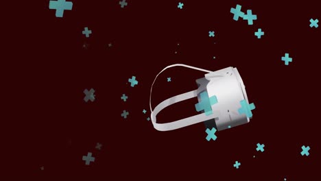 animation of vr headset over blue crosses on brown background