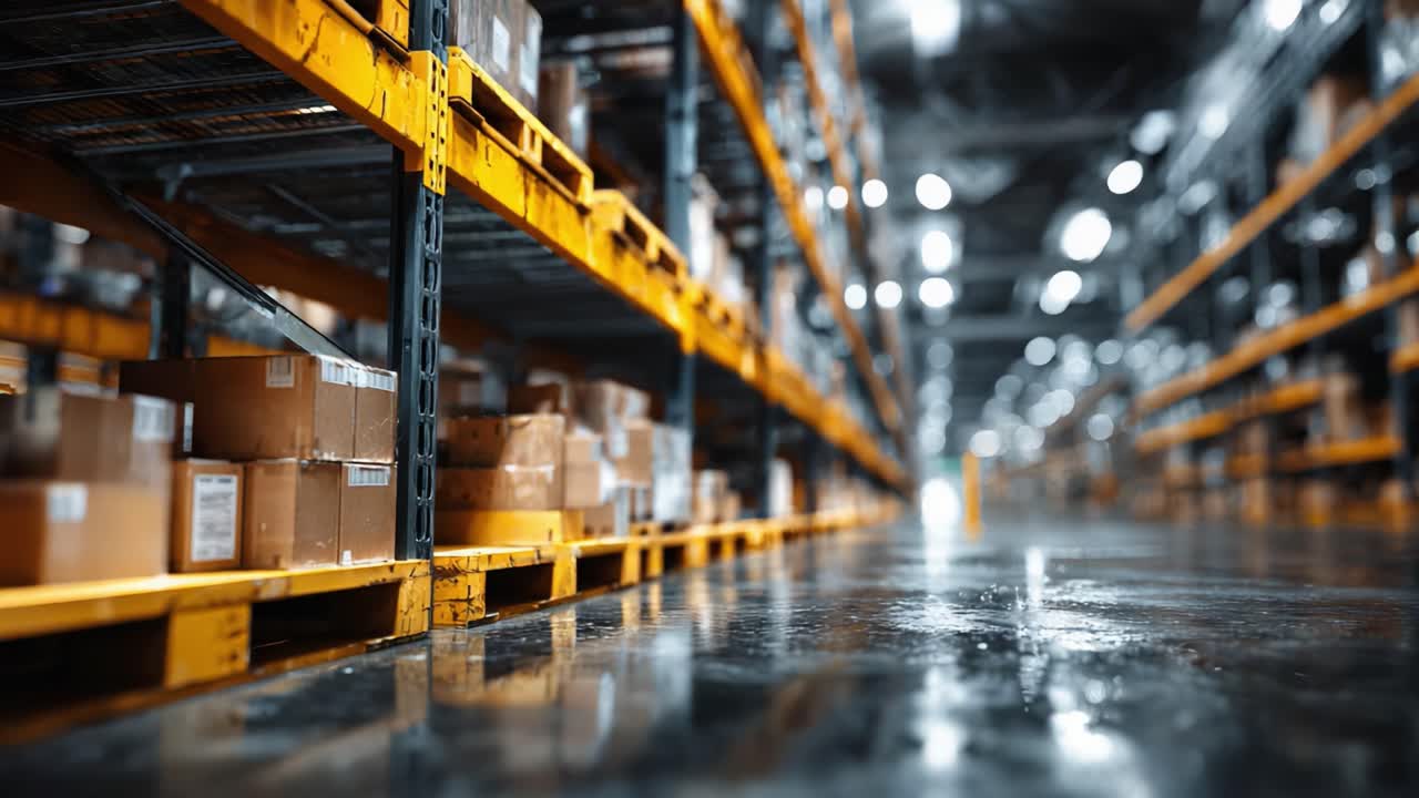 An Inside Look at a Warehouse Storage Facility Filled with Organized Boxes on Shelving Units Under Bright Lighting Conditions and Clean Floors