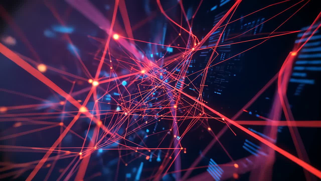 Forming 3D lattice glowing red pink lines pulsing orange nodes weaving amid cyberspace data panels