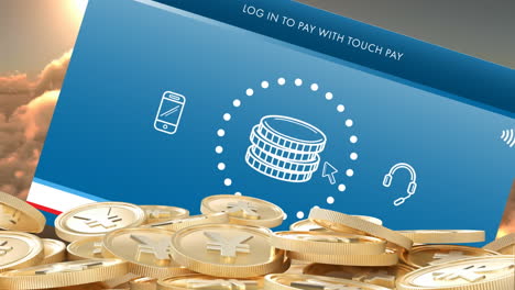 animation of gold yen coins over screen with touch pay and wifi icon