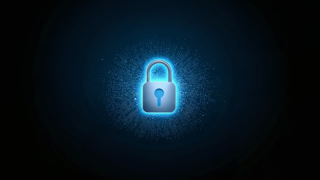 Pulsing padlock icon responding to unlock on navy background, revealing keyhole, particle burst