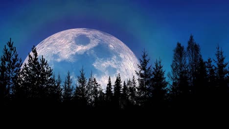 a breathtaking landscape showcasing a large, luminous moon against a deep blue twilight sky, silhouetted by a dense forest of evergreen trees.