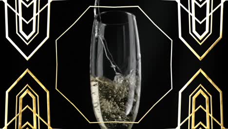 Animation-of-champagne-getting-poured-in-flute-glass-over-abstract-patterns-against-black-background