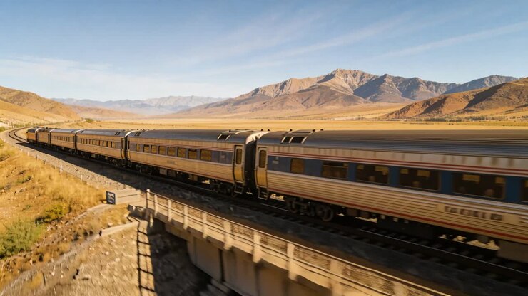 Approaching silver passenger train crossing concrete bridge through dry valley toward mountains