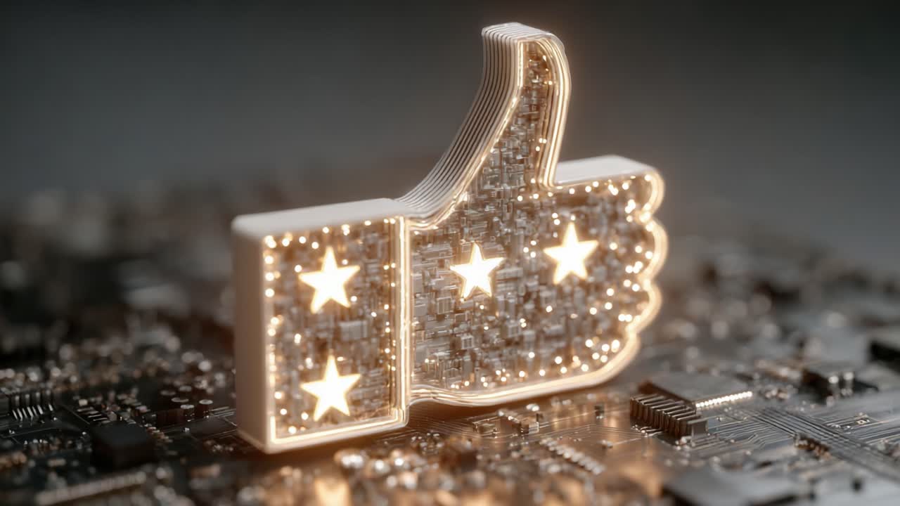 A digital thumbs-up symbol illuminated with glowing lights set against a circuit board background, symbolizing approval, technology, and digital connectivity in modern communication