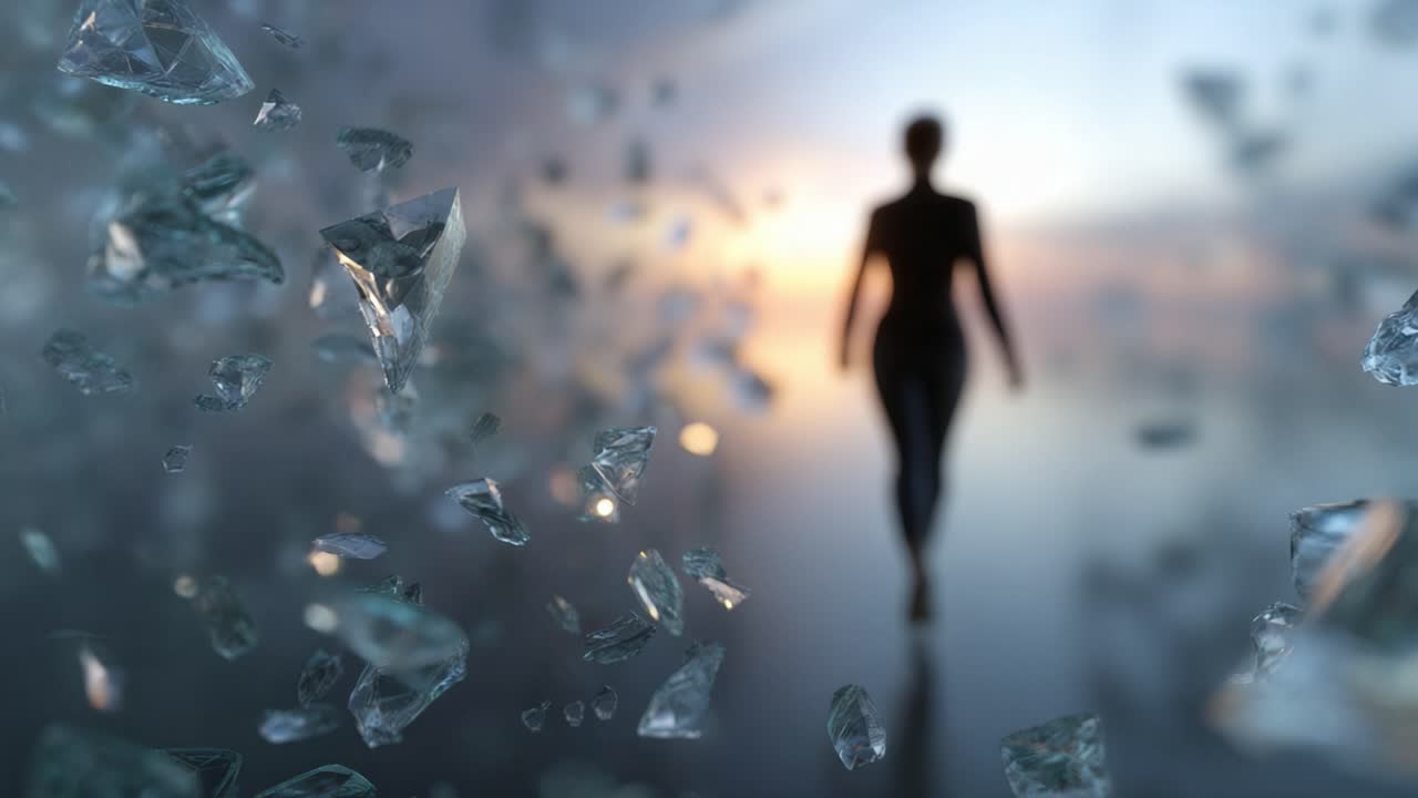 An ethereal figure strides through a surreal landscape filled with glimmering shards of glass, set against a breathtaking backdrop of soft colors glowing at twilight