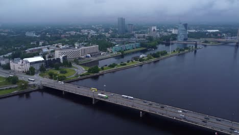 Aerial-drone-video-of-the-Vistula-River-in-Riga-on-a-grey,-moody-day