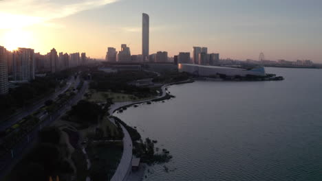 sunrise with cbd buildings. aerial in suzhou, china.