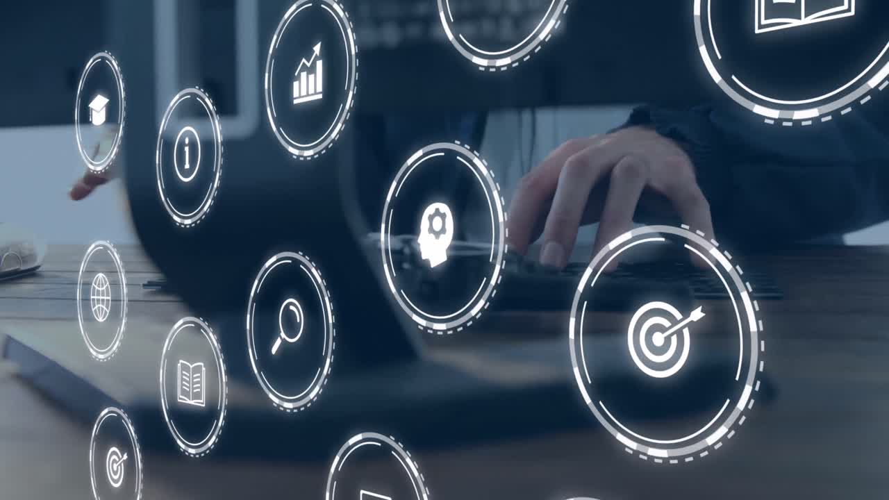 animación de iconos educativos que caen sobre una persona que usa una computadora portátil