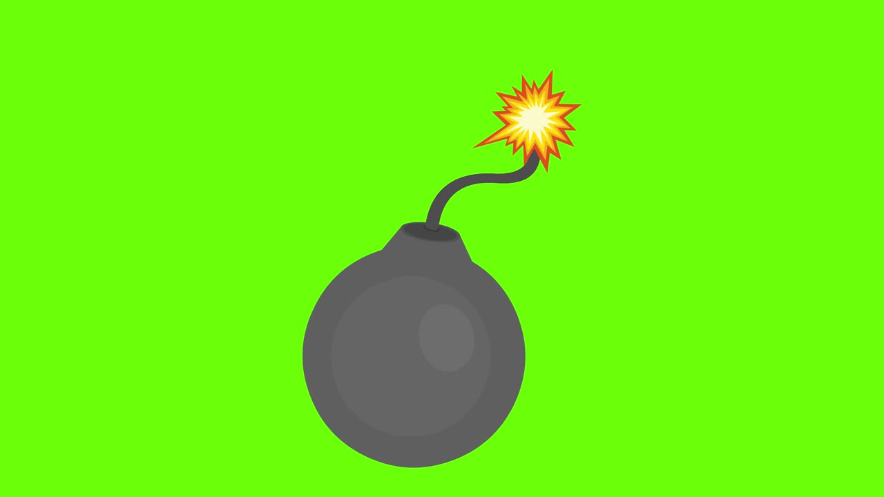 Loopet animation af en eksploderende bombe med grøn chroma-baggrund