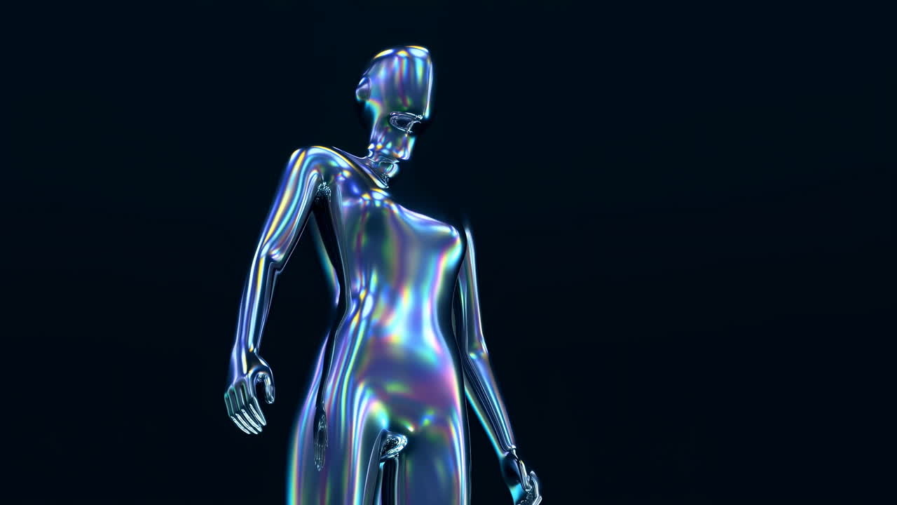 Figure humanoïde métallique irisée en rotation sur fond noir.