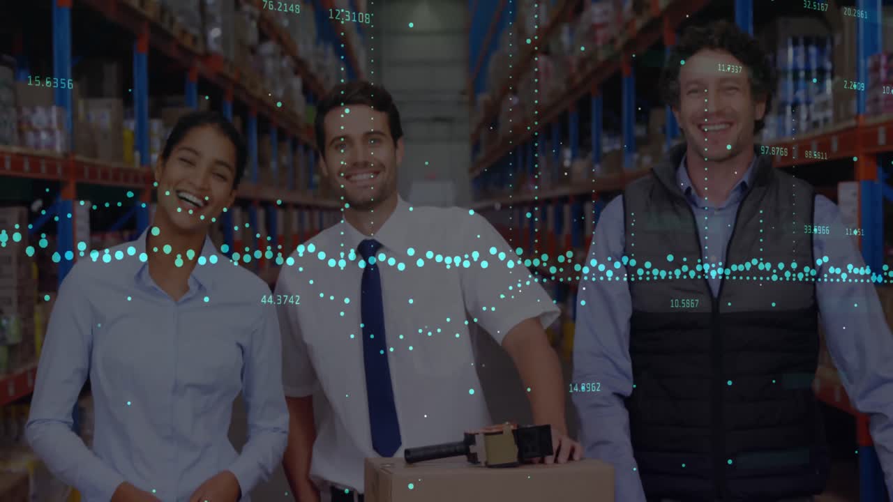 Animation of financial data processing over people working in warehouse