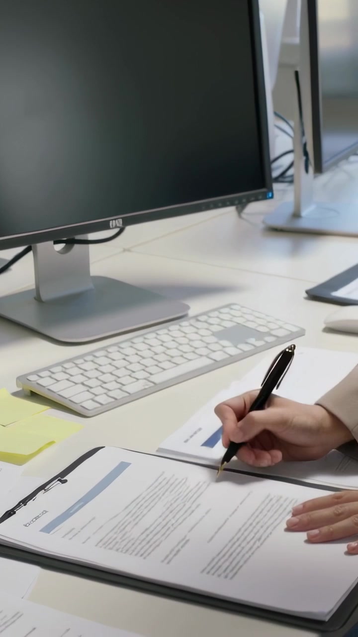 Vertical video: Reaching from right staff hands lifting papers at desk sorting near monitor signing