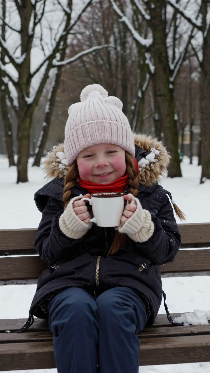 A cozy winter scene with a child sipping from a mug on a snowy park bench