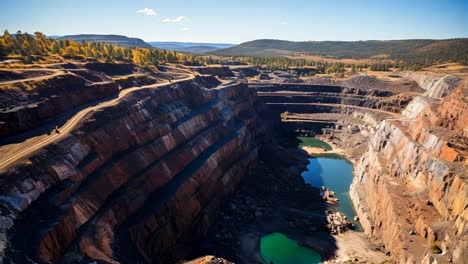 vast quarry with steep walls and turquoise water under clear blue skies