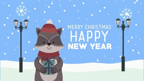 merry christmas animation with racoon and lettering