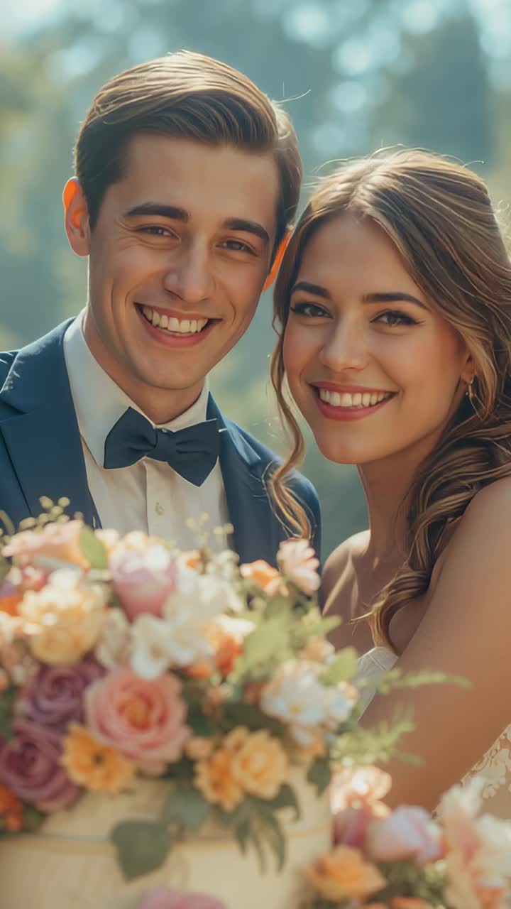 Vertical video: Smiling newlyweds following cue at garden, holding bouquet, in bow tie and gown