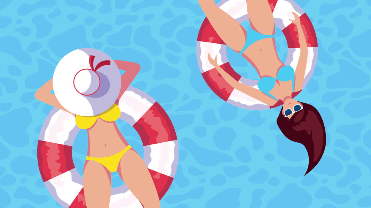 pareja de chicas en flotadores en la piscina