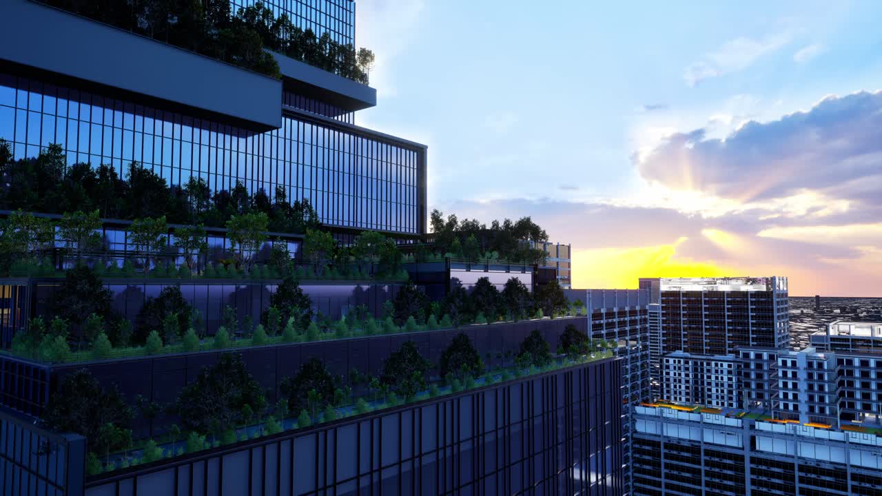 Sustainable Green Building. Eco-Friendly Building. Sustainable Glass Office Building With Tree For Reducing Carbon Dioxide. Office With Green Environment. Corporate Building Reduce Co2. Safety Glass