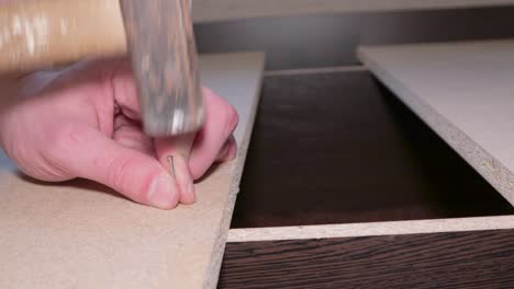 carpenter assembling furniture hit nails hammer professional master