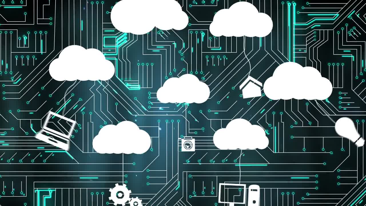 animación de iconos de medios y red de conexiones sobre fondo negro