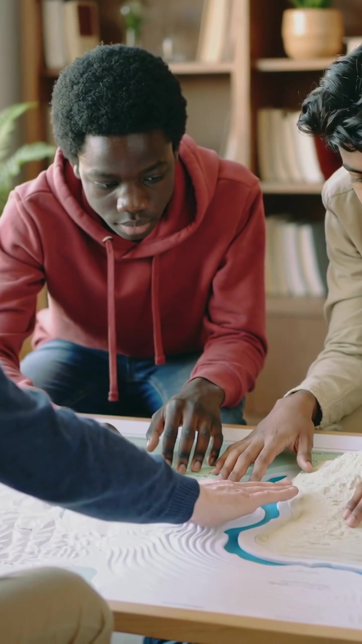 Vertical video: Placing hands, red-hoodie student tracing ridges on class model, mapping blue river