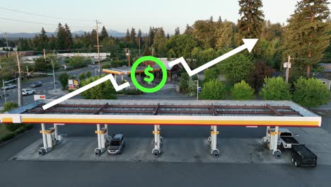 animation of rising petrol prices hovering over a gas station